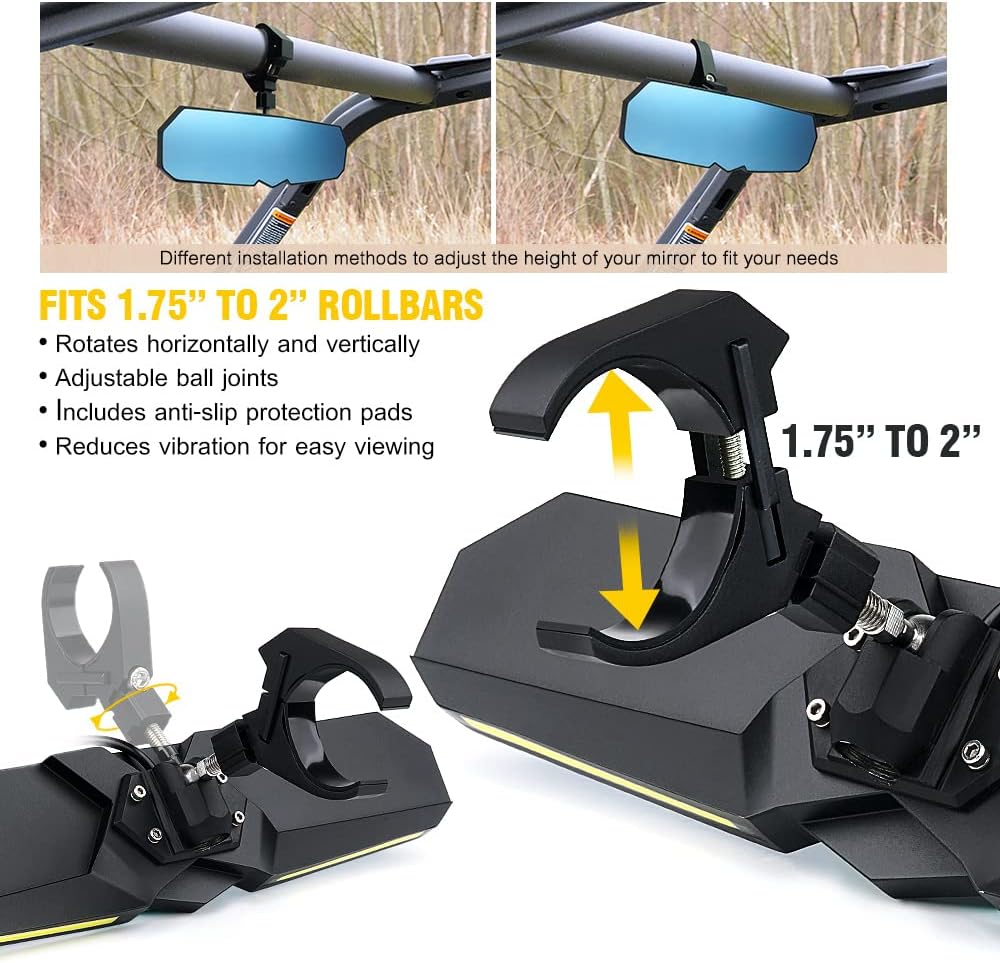 13 UTV Rearview Center Mirror with COB LED Interior Lights and Rocker Switch, Aluminum Rear View Mirrors L682