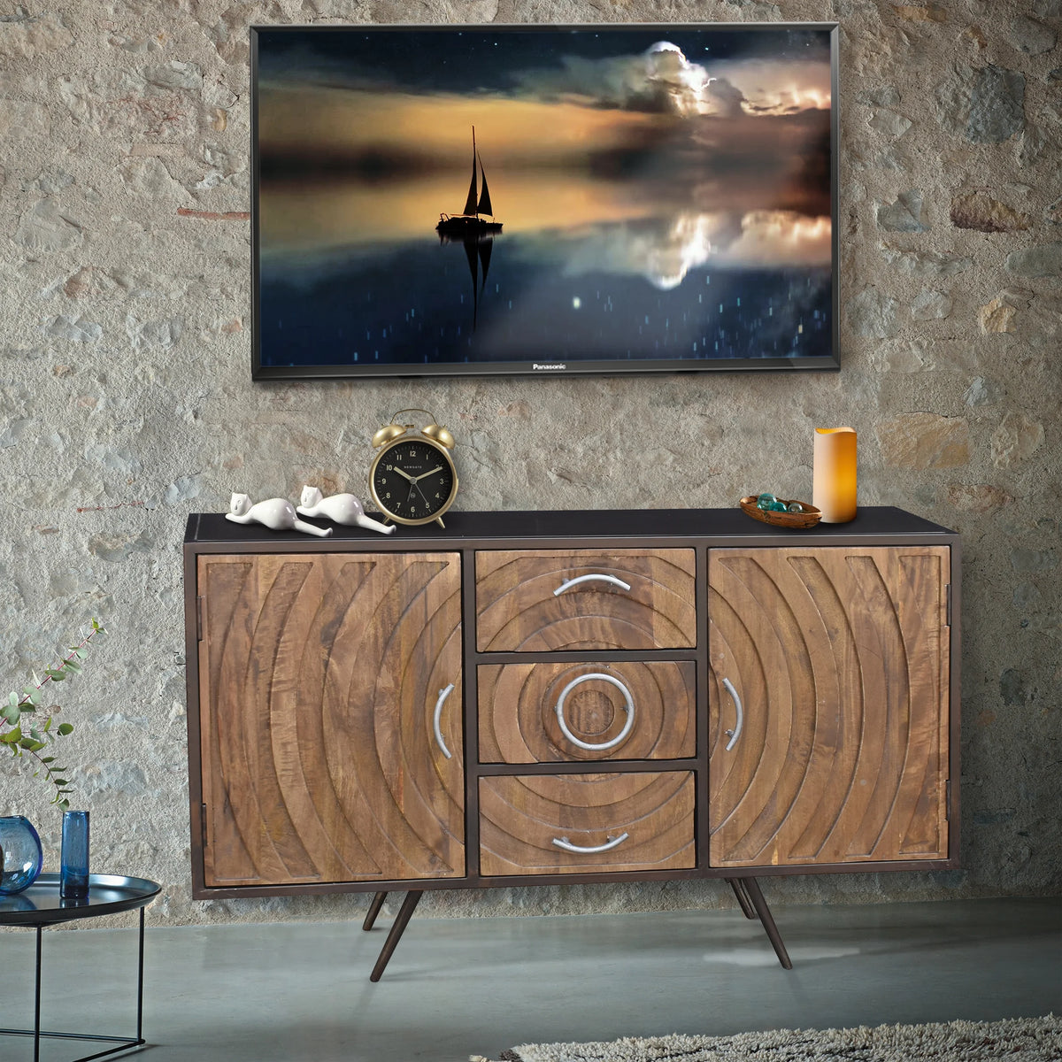 Recycled Mango Wood and Metal Buffet with 3 Drawers and 2 Doors W322947