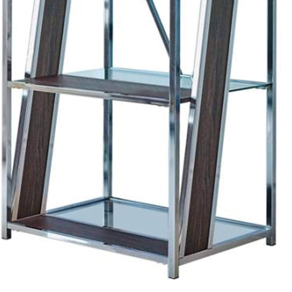 Black and Chrome 4 Tier Metal Bookcase with Glass and Wooden Shelf F51420