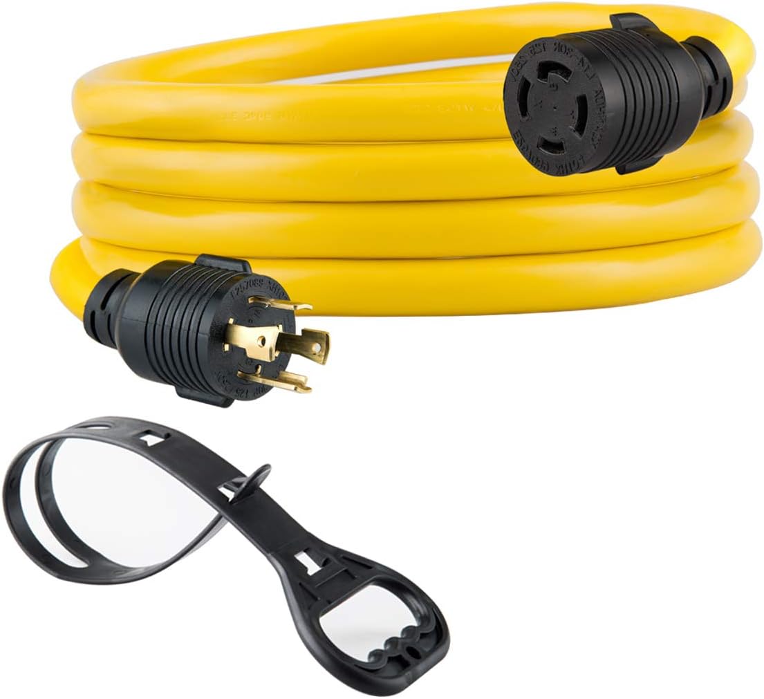 25FT Heavy Duty Generator Locking Power Cord NEMA L14-30P/L14-30R, 4X10 Gauge SJTW Cable, 125/250V 30Amp 7500 Watts Yellow E227785