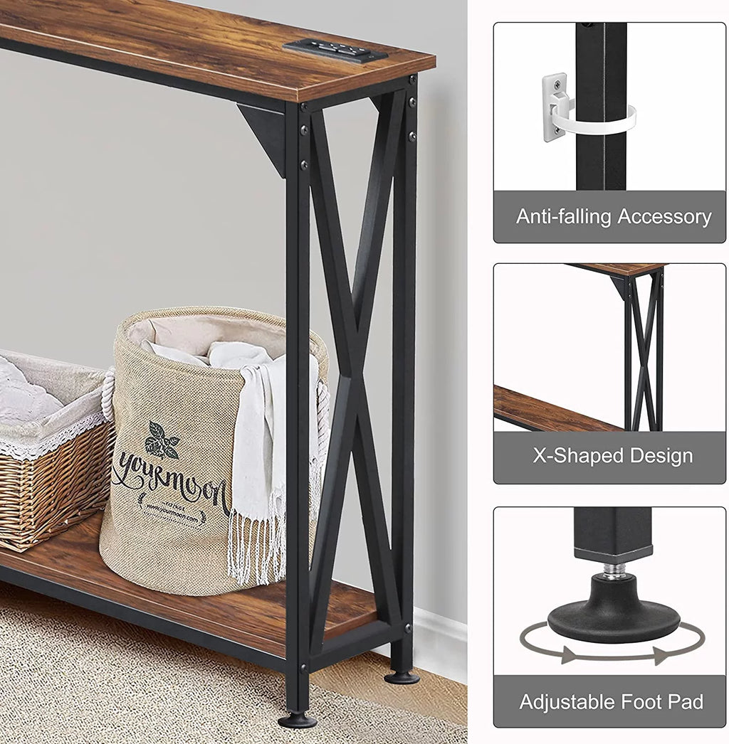 2 Tiers Console Sofa Table with Power Outlet and Open Storage Shelf Y155558