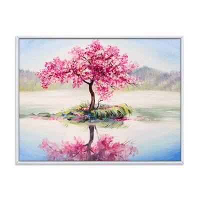 Oriental Cherry Tree Sakura on The Lake Painting on Canvas White Floater Frame 12x22 H x 20x22 P65641