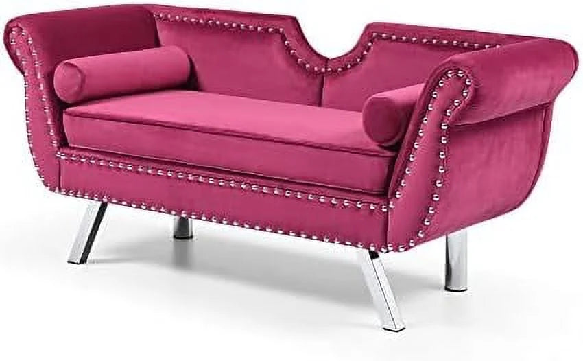 Velvet Ottoman Bench with Back and Silver Metal Legs Y7166