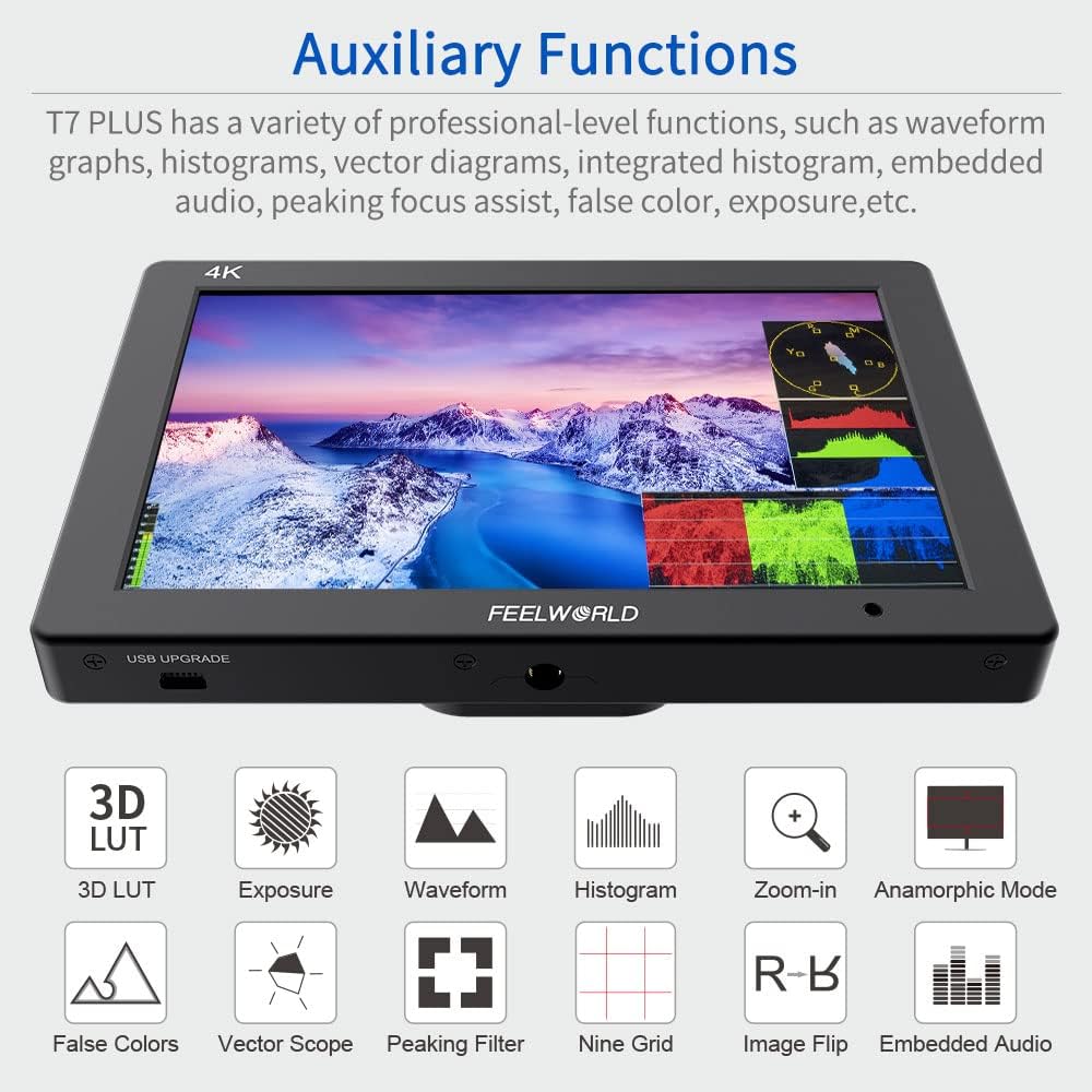 7 Inch 4K HDMI Camera Field Monitor with Sunshade and Mini Ball Head M821068