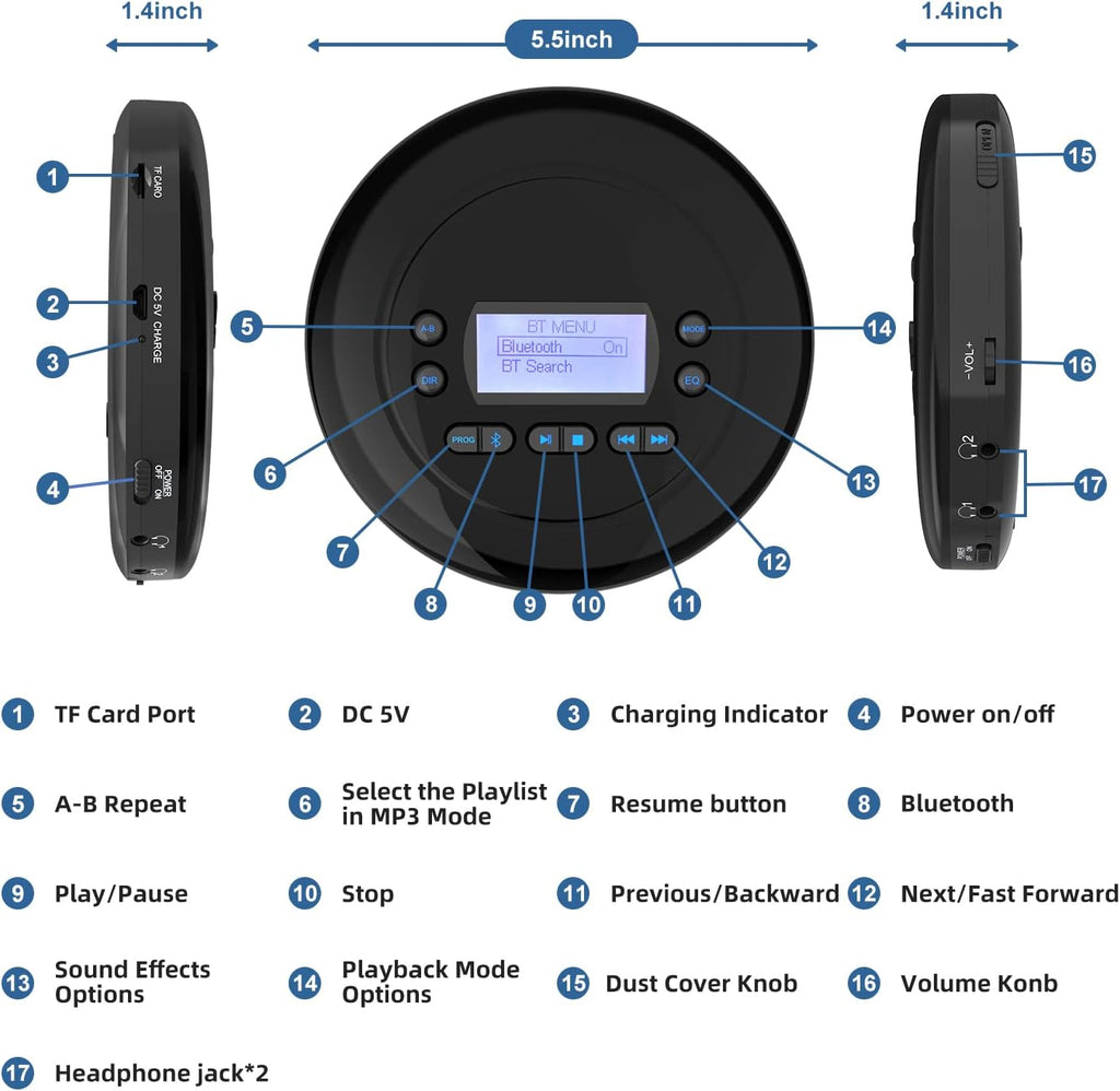 Portable Bluetooth CD Player with Dual Headphone Jack H8518