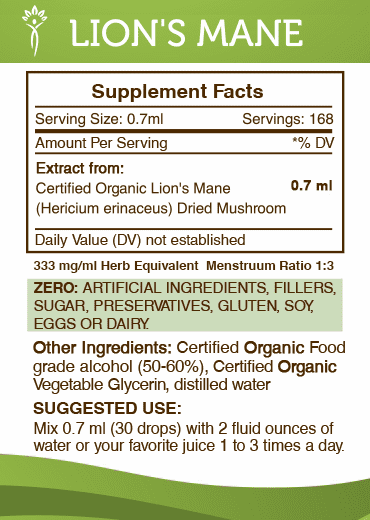 Organic Lion's Mane Dried Mushroom Alcohol Extract 2x4 oz L870687