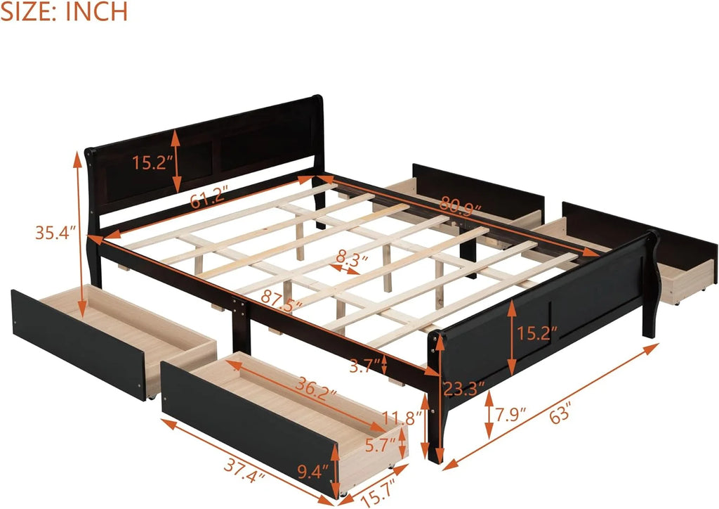 Espresso Queen Size Wood Platform Bed with 4 Storage Drawers Y469