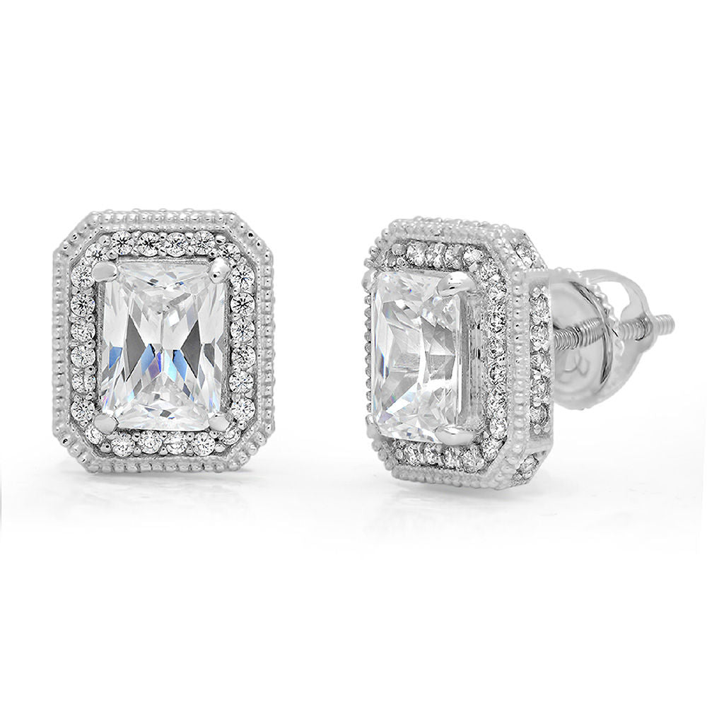 18K White Gold Emerald Cut Halo Stud Earrings A672