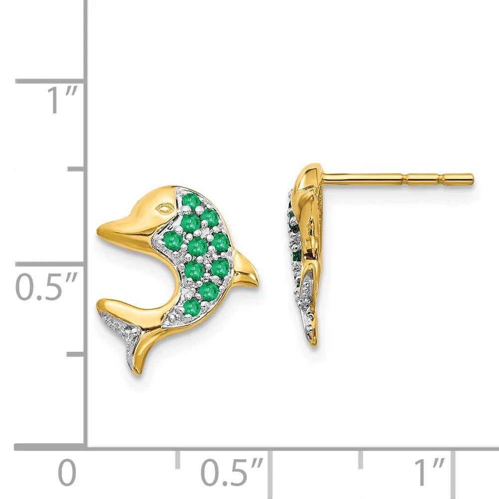 14k Yellow Gold Rhodium Marquise Emerald and Diamond Dolphin Stud Earrings V685