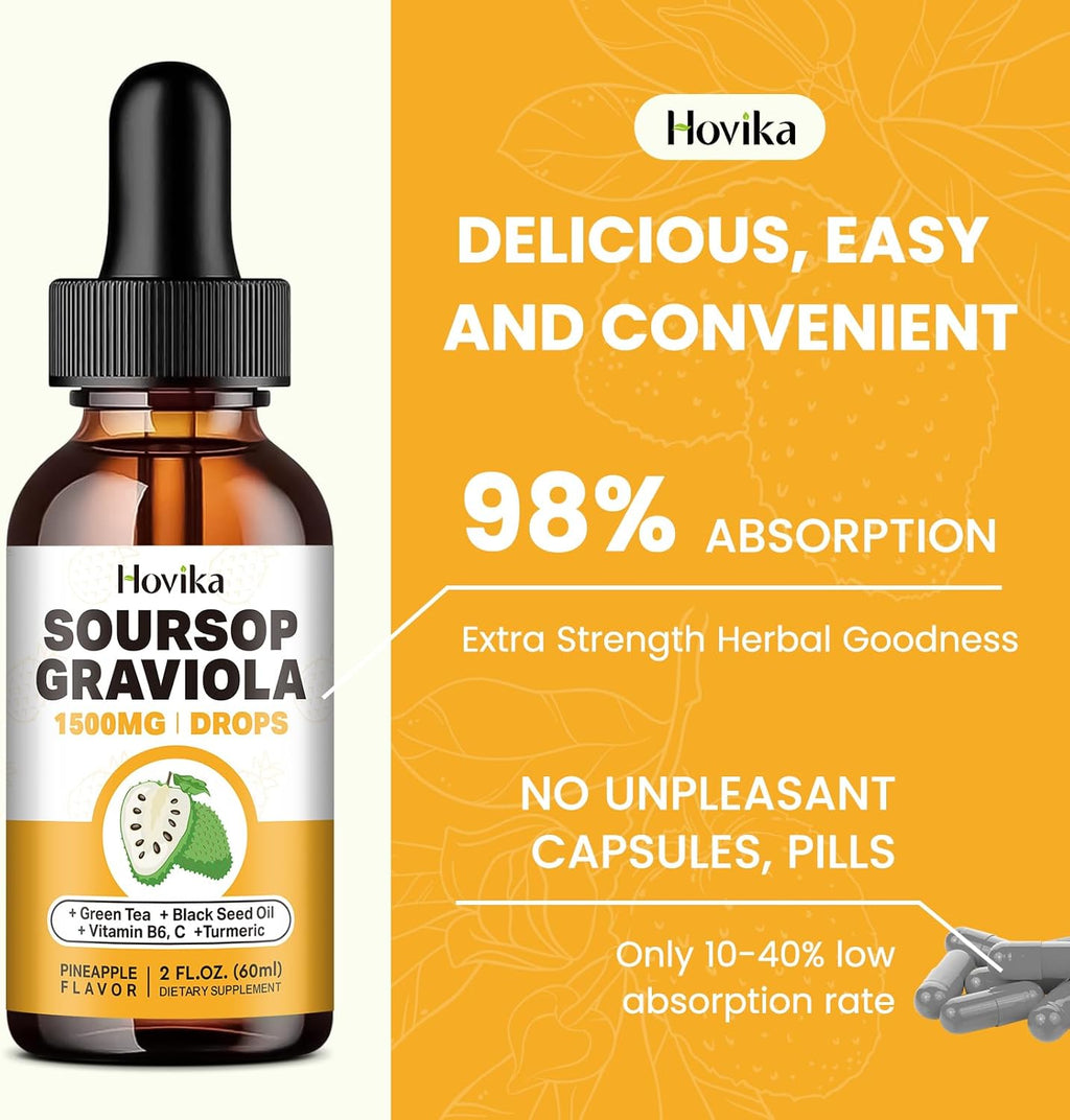 Soursop Graviola Liquid Drops 1500mg with Green Tea, Black Seed Oil, Turmeric 2 Fl Oz X91585