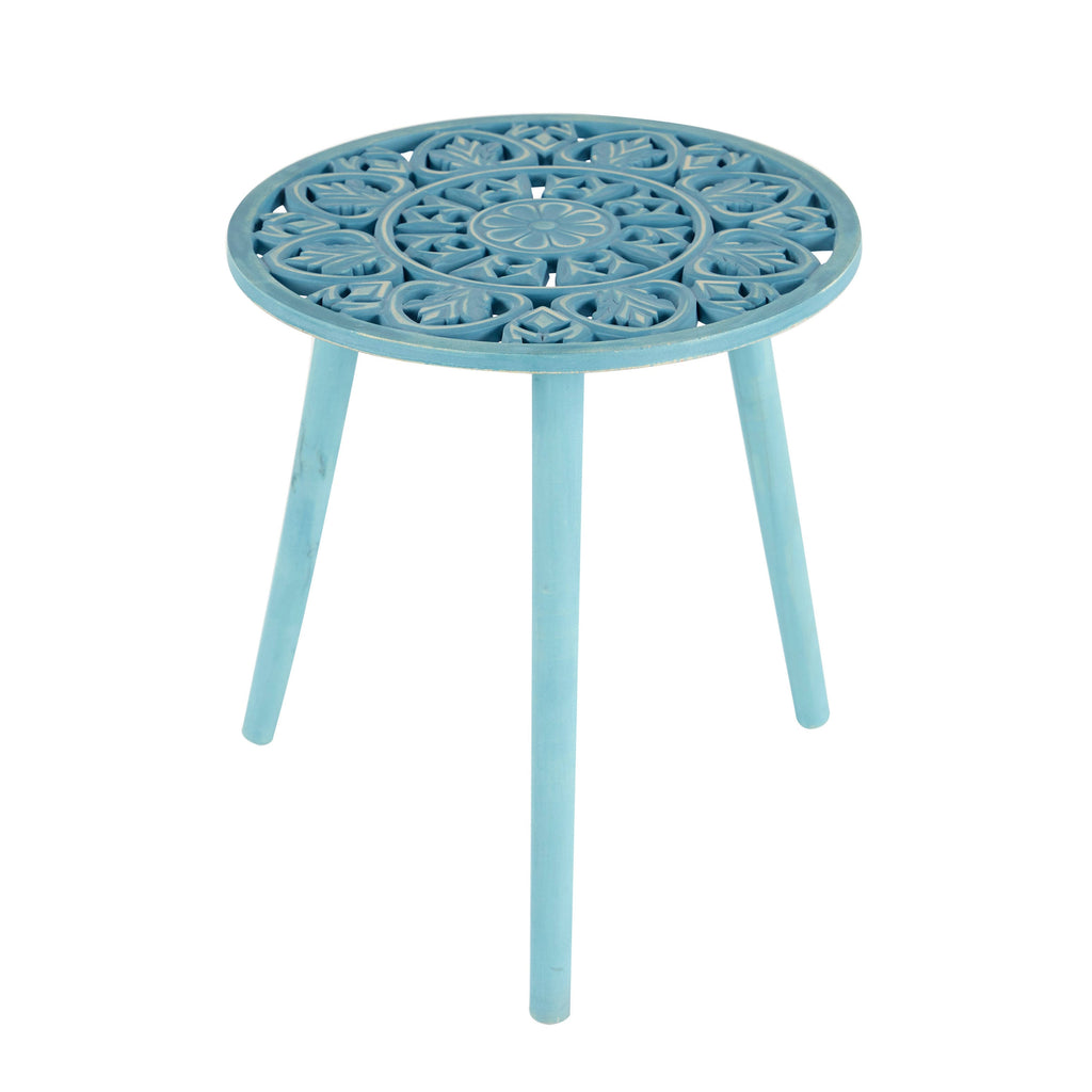 Gray Brown Carved Wood Round Accent Table R744808