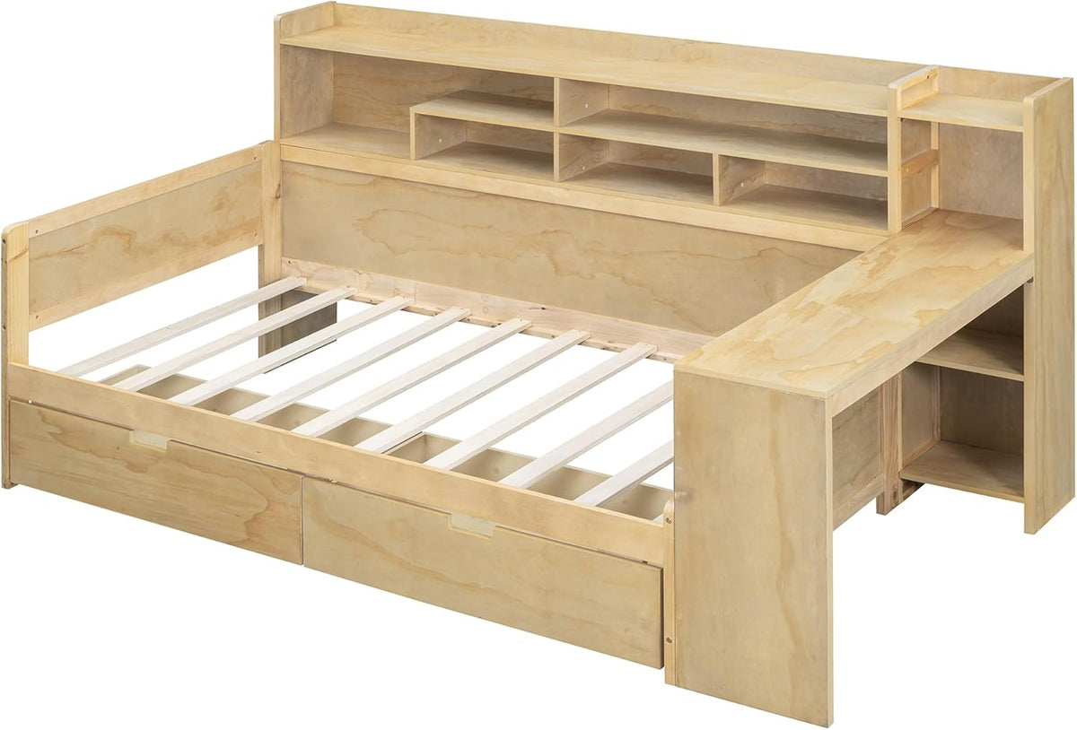 Twin Size Wooden Daybed with Storage Bookshelf, Study Desk and 2 Drawers M507