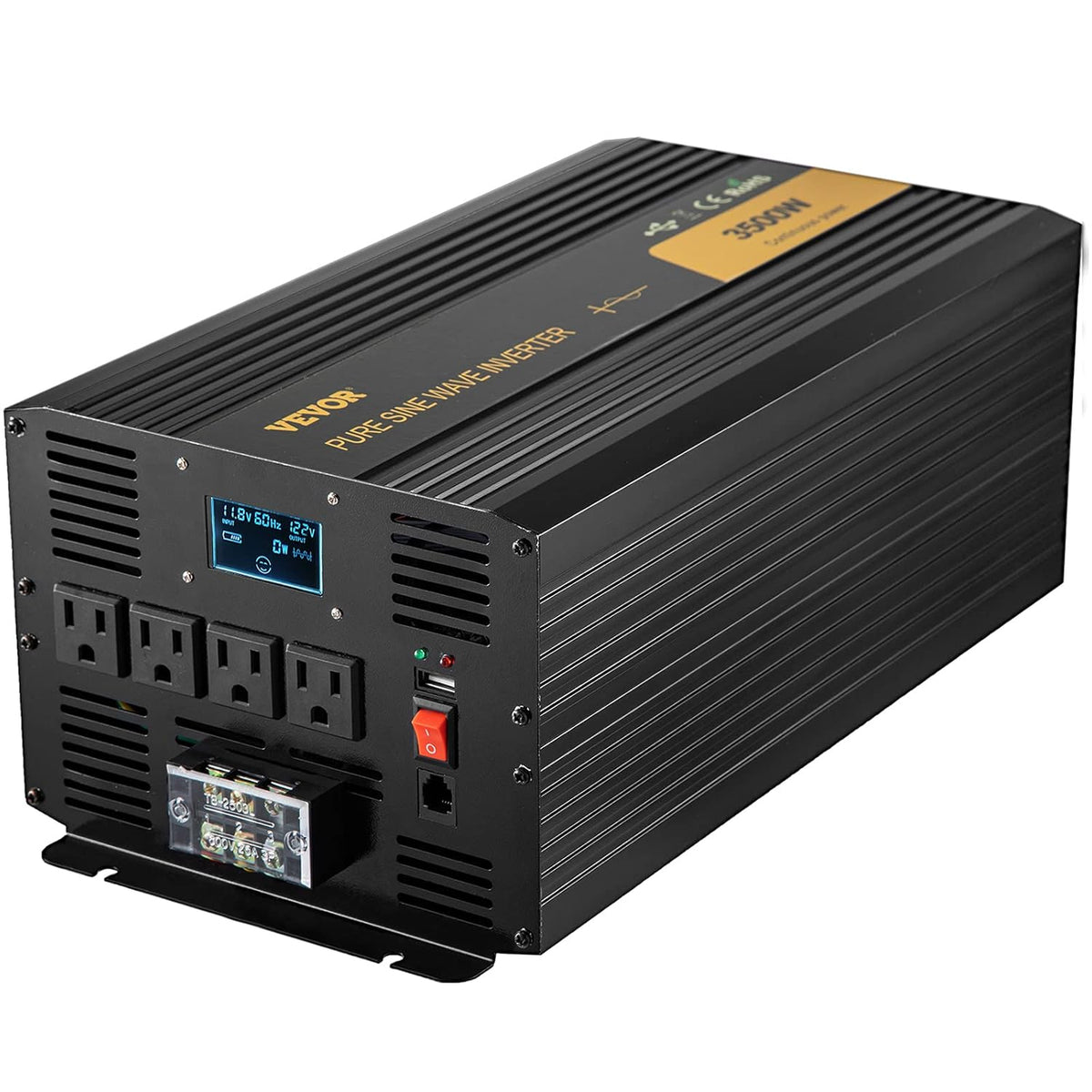 3500 Watt Pure Sine Wave Power Inverter, DC 12V to AC 120V, with USB Port LCD Display Remote Controller and AC Outlets C1608