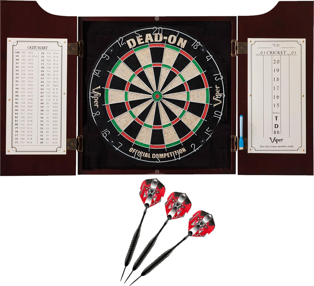 Mahogany Solid Wood Cabinet with Sisal Bristle Dartboard Bundle, Steel-Tip Dart Set, Dry Erase Scoreboard, Pack of 2 S6542