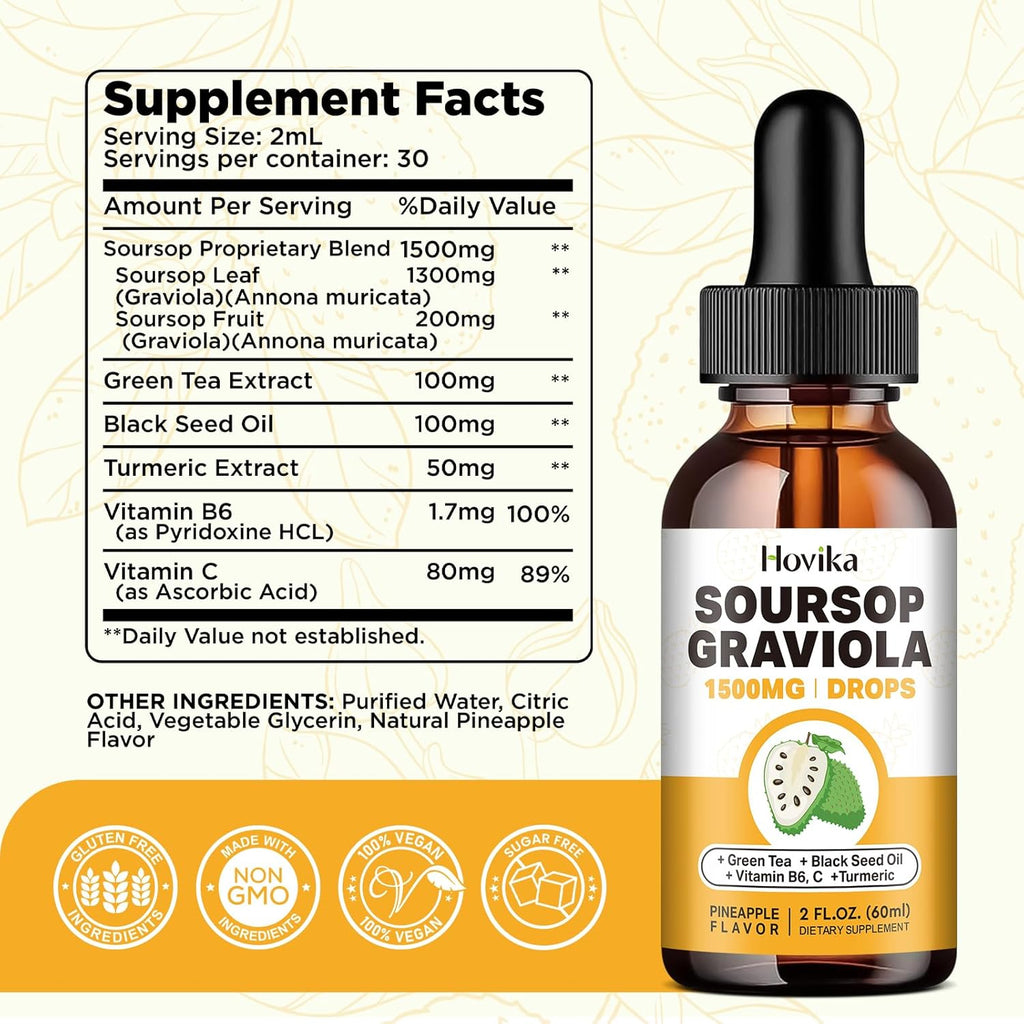 Soursop Graviola Liquid Drops 1500mg with Green Tea, Black Seed Oil, Turmeric 2 Fl Oz X91585