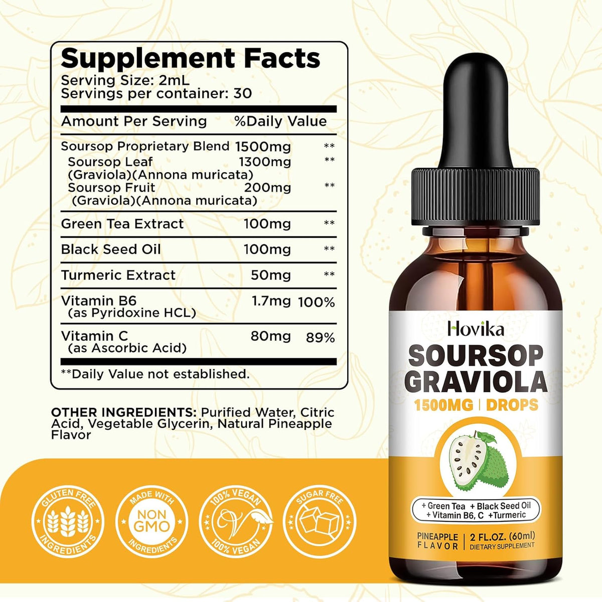 Soursop Graviola Liquid Drops 1500mg with Green Tea, Black Seed Oil, Turmeric 2 Fl Oz X91585