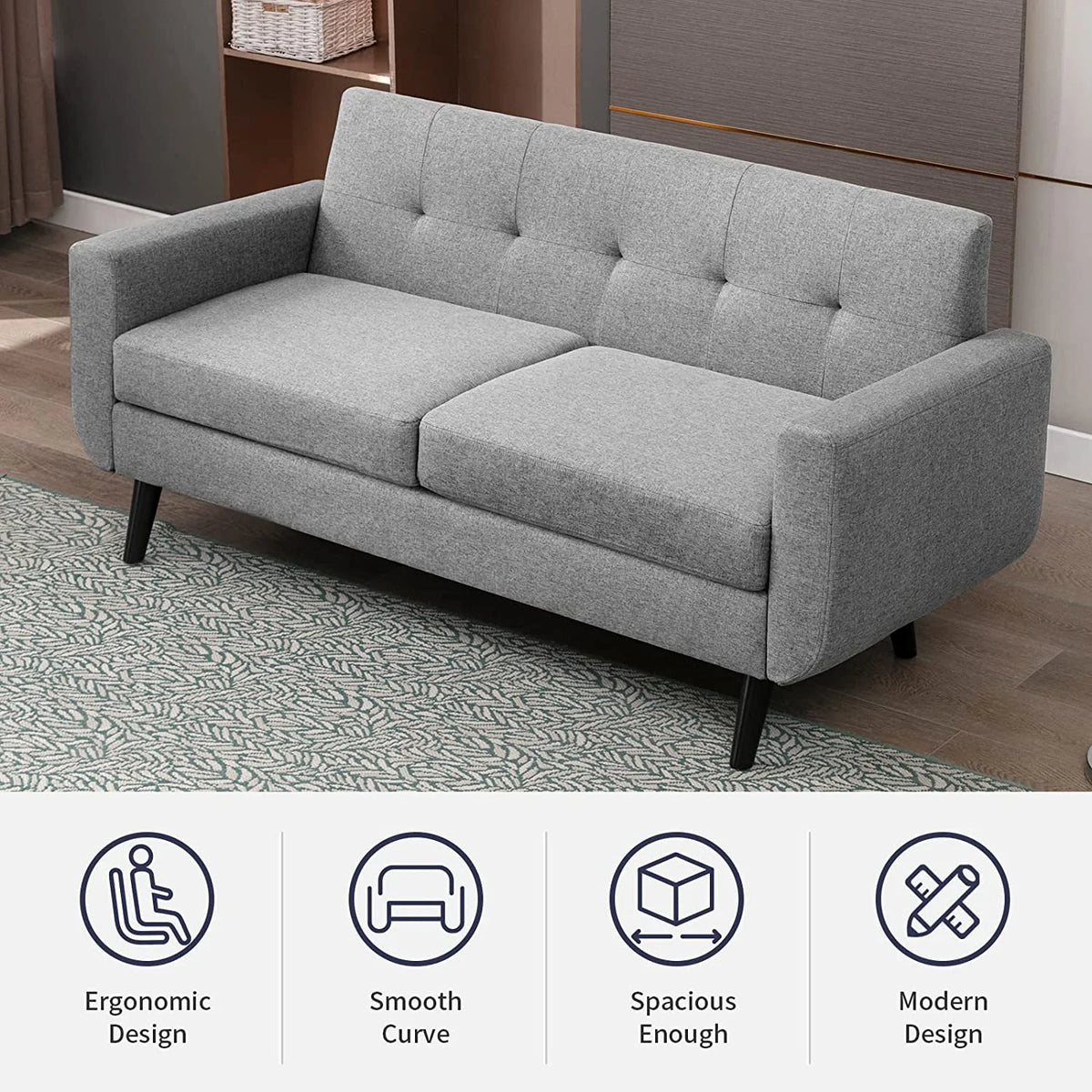 68" Futon Sofa 2-Seat Loveseat with Cushion, Light Gray Y40306