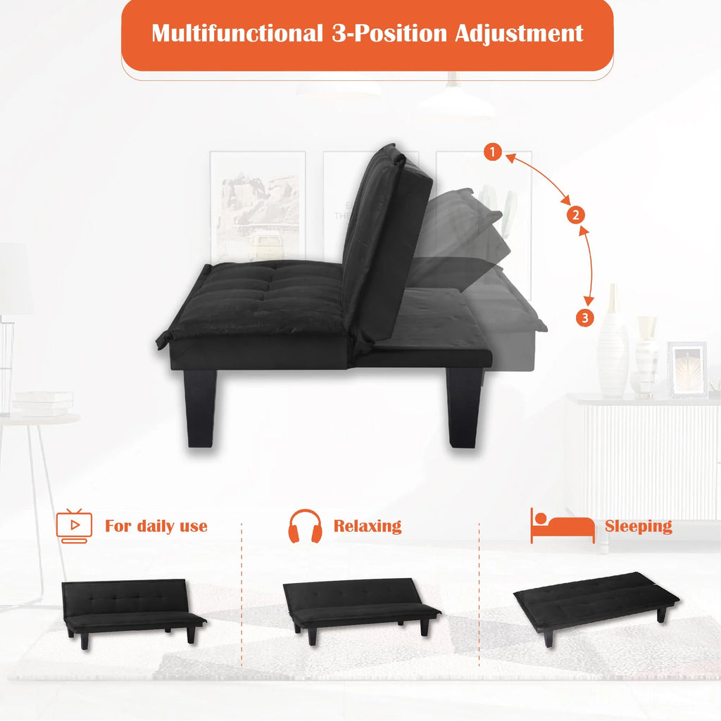 63.8 inch Black Faux Suede Convertible Futon Sofa Bed Q716157