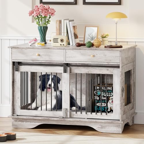 47" Grey Dog Crate Furniture with 2 Storage Draws P314799