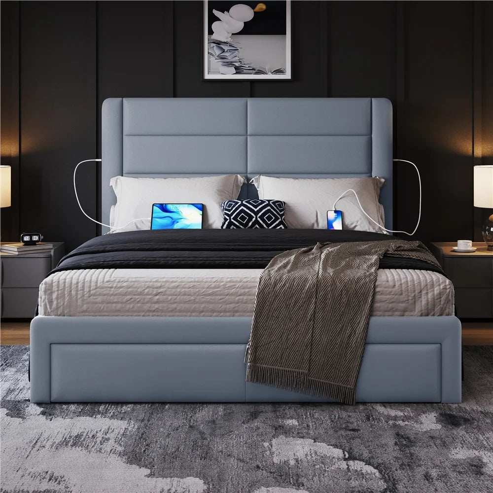Upholstered Queen Bed with 3 Storage Drawers and USB Ports B904017