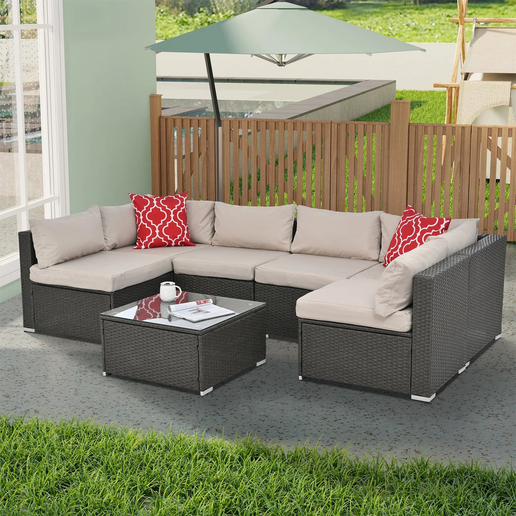 7 Piece PE Rattan Patio Furniture Set with Cushions and Glass Coffee Table U4559