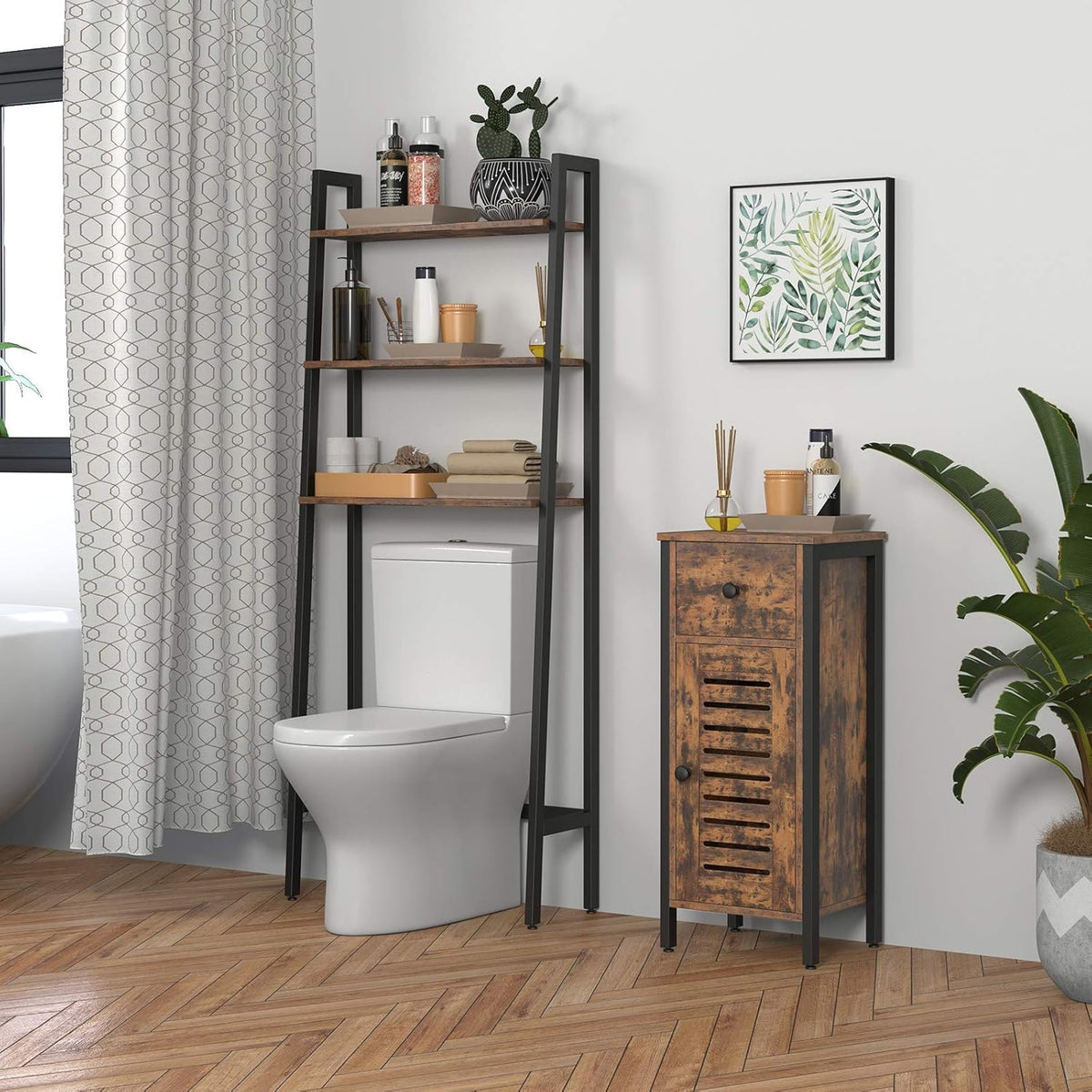 Rustic Brown Storage Cabinet with Drawer and Height-Adjustable Shelves M5594