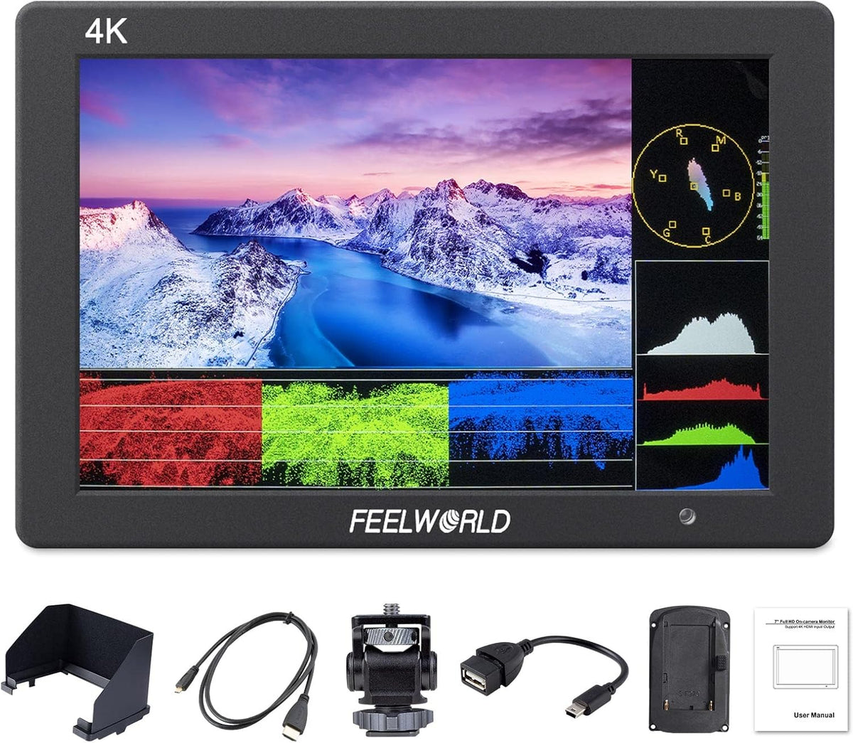 7 Inch 4K HDMI Camera Field Monitor with Sunshade and Mini Ball Head M821068