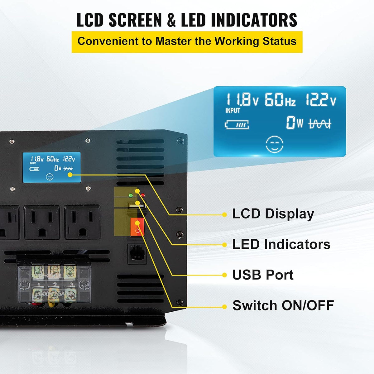 3500 Watt Pure Sine Wave Power Inverter, DC 12V to AC 120V, with USB Port LCD Display Remote Controller and AC Outlets C1608