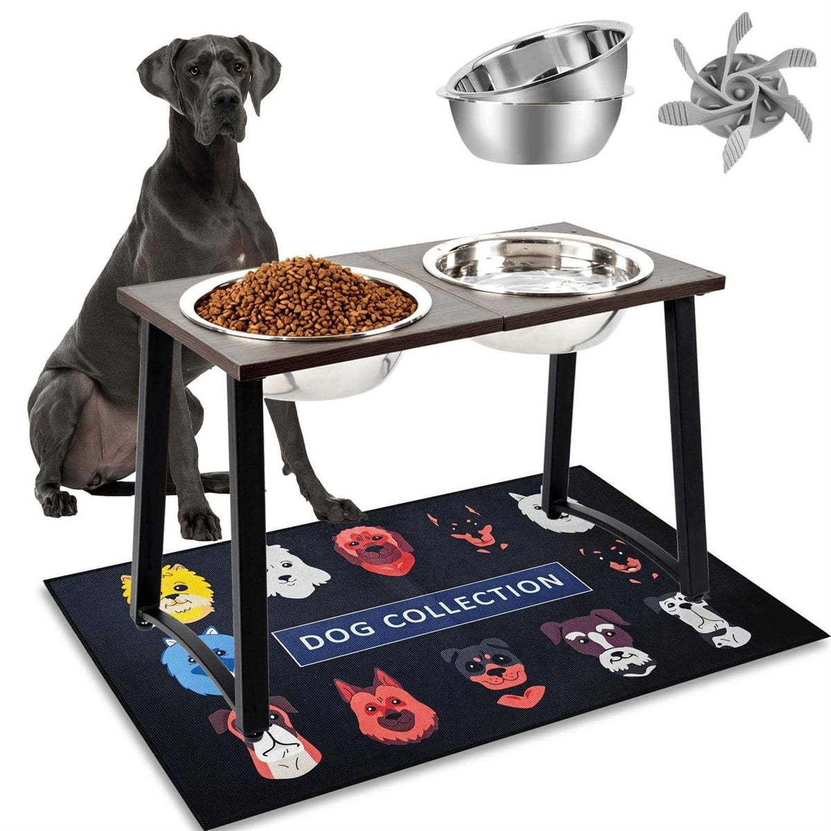 Elevated Dog Bowls with 2 X-Large Stainless Steel Bowls and Slow Feeder W6738