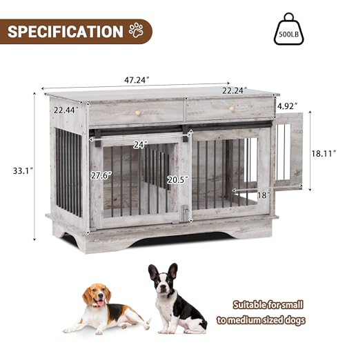 47" Grey Dog Crate Furniture with 2 Storage Draws P314799