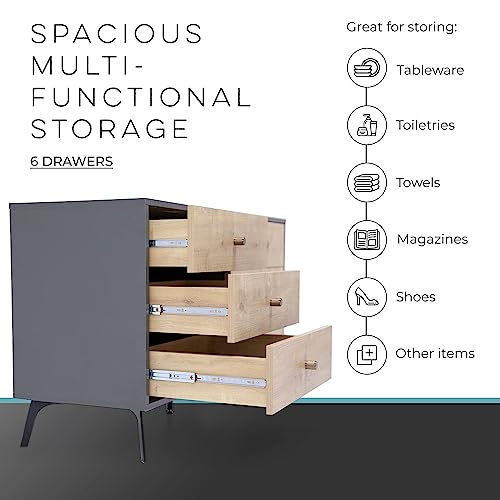 Oak Dark Gray Chest with Six Sliding Drawers T5145