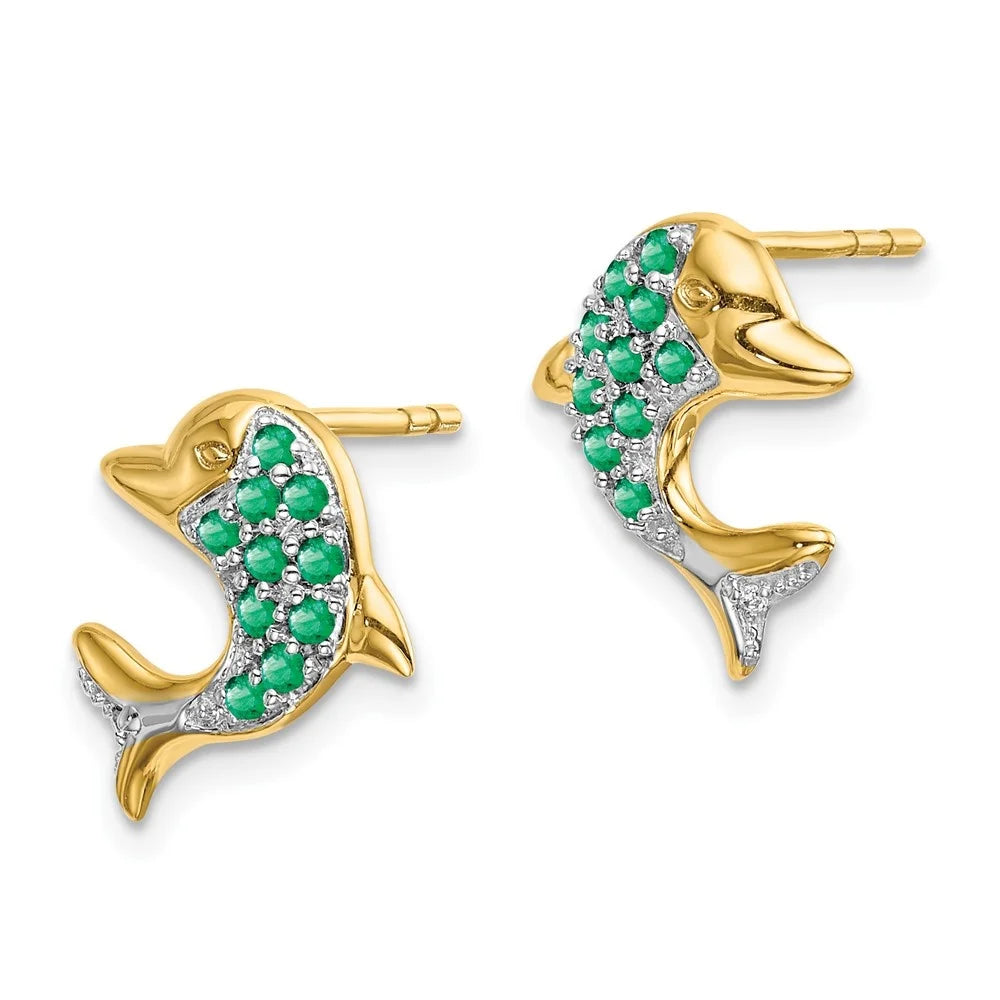 14k Yellow Gold Rhodium Marquise Emerald and Diamond Dolphin Stud Earrings V685