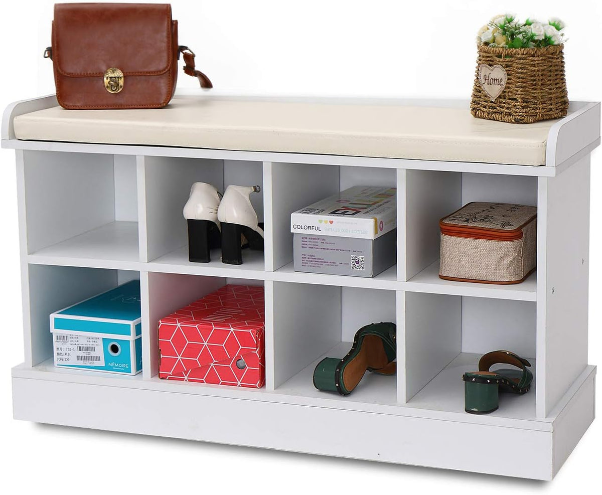 White Wood Entryway Bench Storage Cabinet with Fireproof Cushion X420