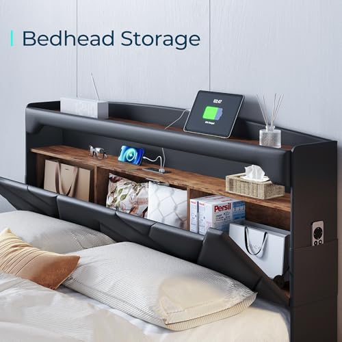 Black Full Size Upholstered Platform Bed Frame with Headboard and Storage X624463
