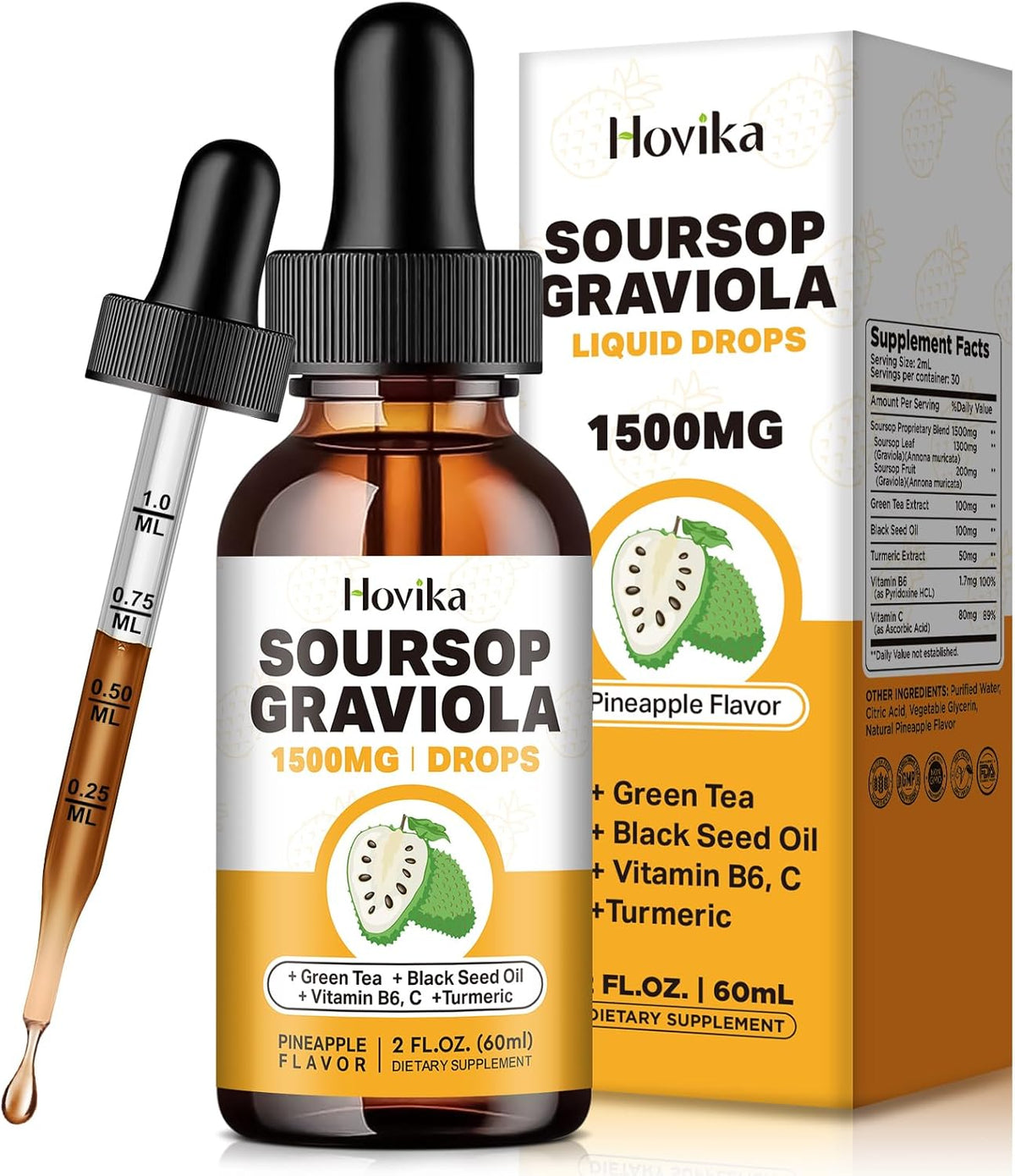 Soursop Graviola Liquid Drops 1500mg with Green Tea, Black Seed Oil, Turmeric 2 Fl Oz X91585