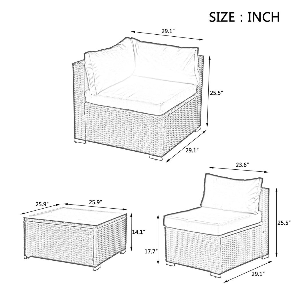 7 Piece PE Rattan Patio Furniture Set with Cushions and Glass Coffee Table U4559