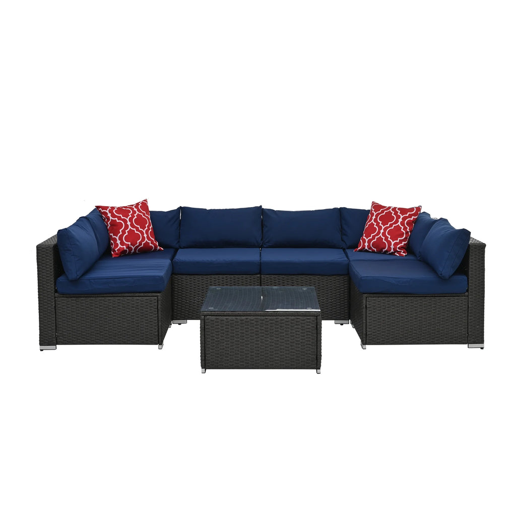 7 Piece PE Rattan Patio Furniture Set with Cushions and Glass Coffee Table U4559