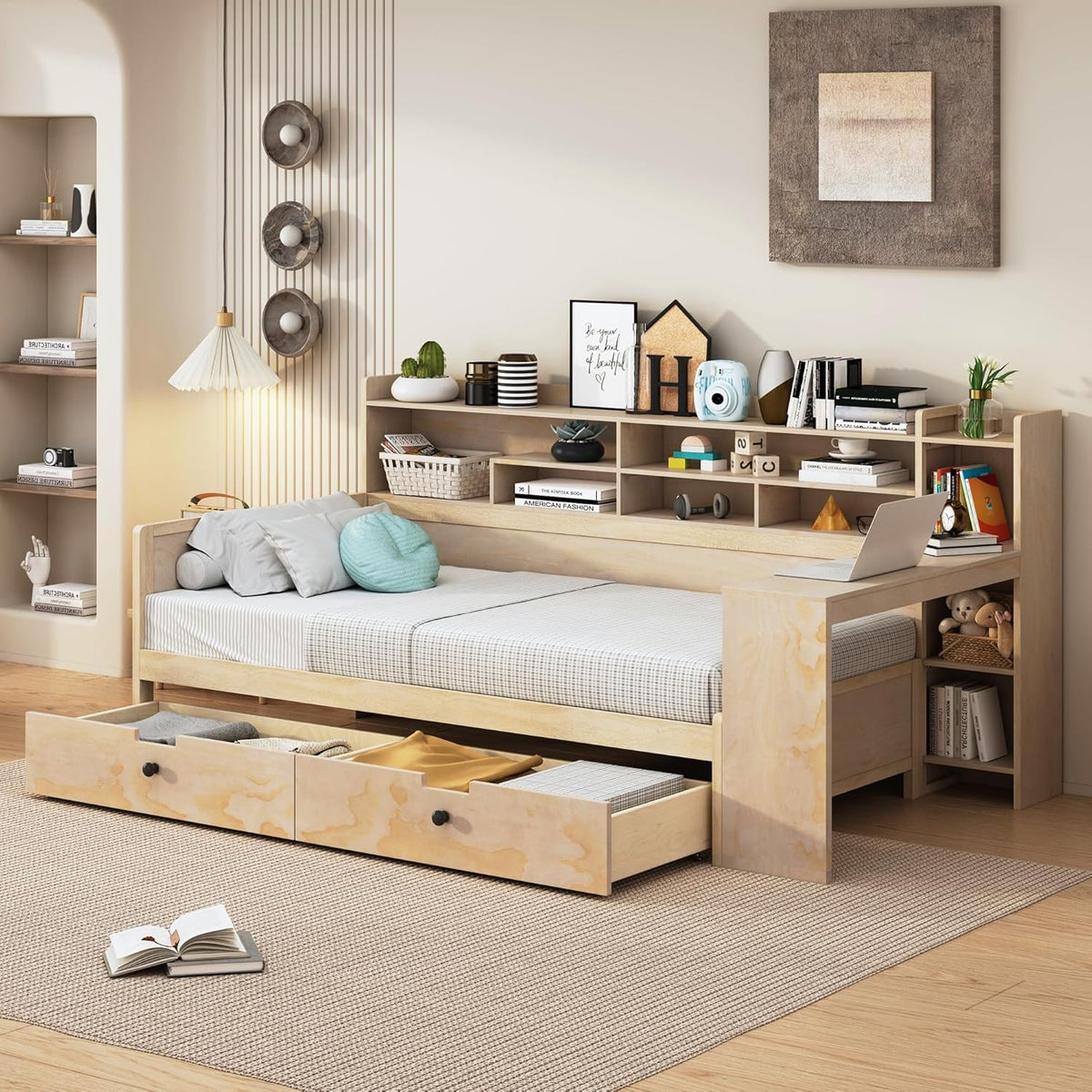 Twin Size Wooden Daybed with Storage Bookshelf, Study Desk and 2 Drawers M507