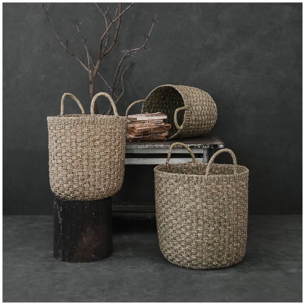 Hand Woven Cylindrical Seagrass Basket with Handles Medium P298144