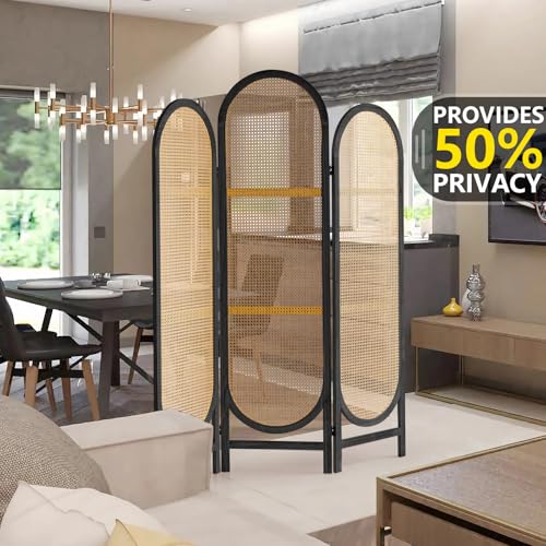 5.9 Ft Tall Hand-Woven Rattan 3 Panels Folding Room Divider J67077