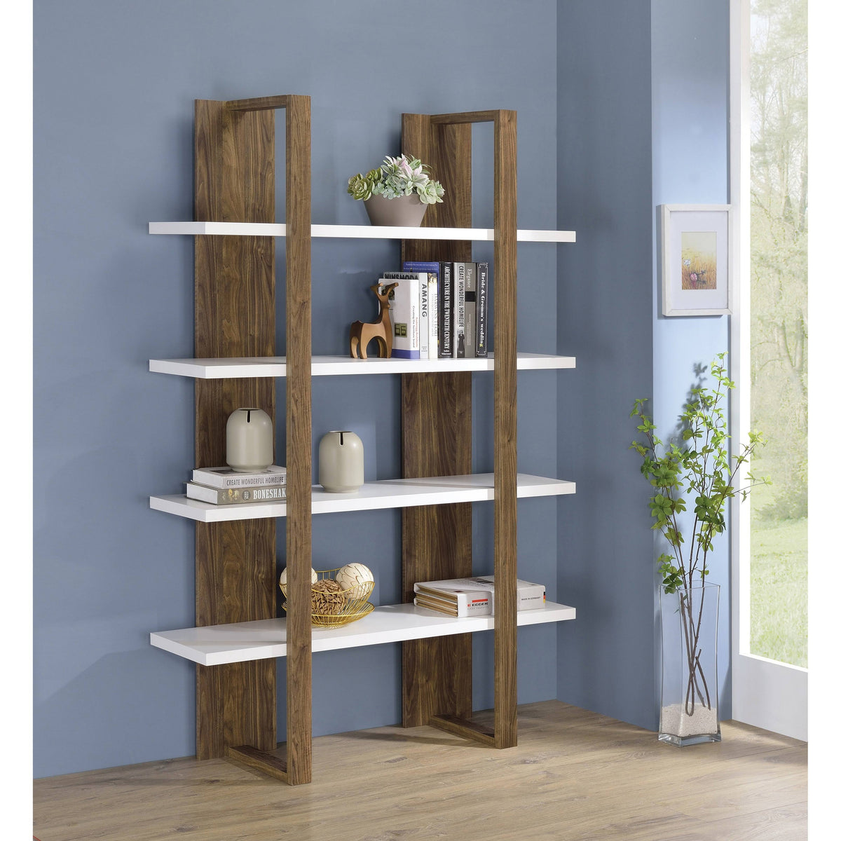 Aged Walnut/White 4-Shelf Bookcase F339