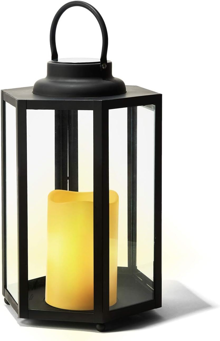 14 Inch Black Metal Glass Waterproof Solar Outdoor Lantern S408836