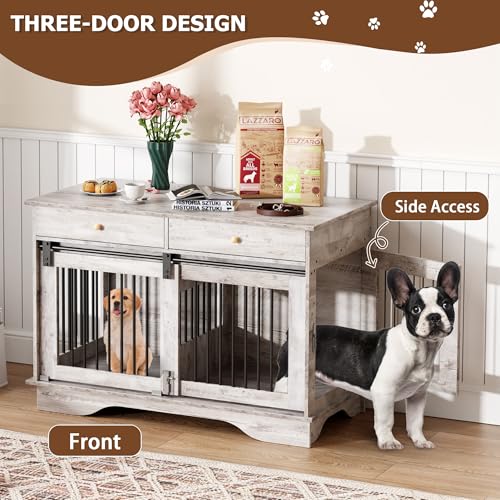 47" Grey Dog Crate Furniture with 2 Storage Draws P314799