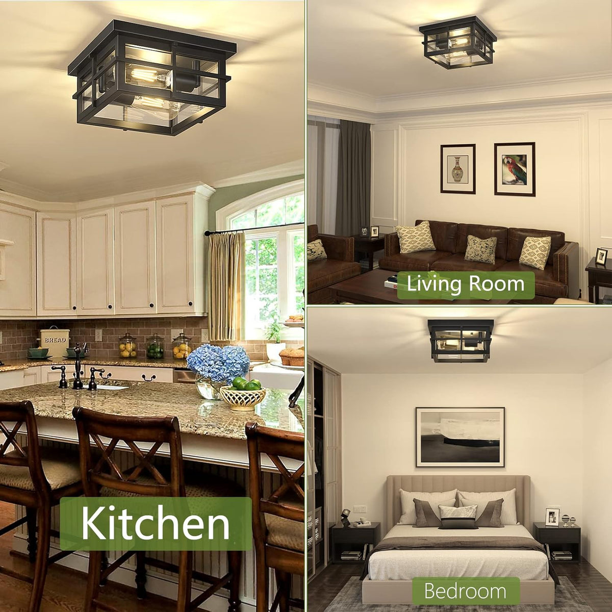 2-Light Black Flush Mount Ceiling Light Fixtures with Clear Glass Shade P453301