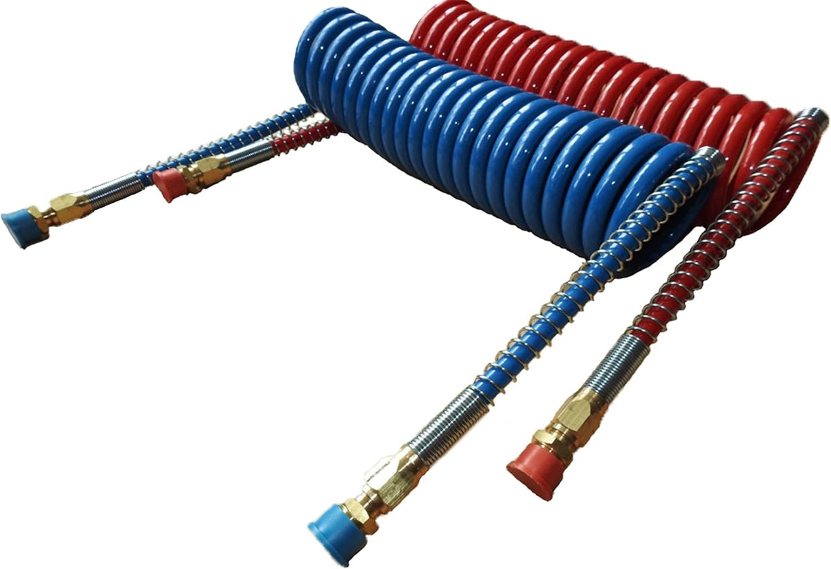 COILED AIR SET LINE ASSEMBLY RED & BLUE TRUCK TRAILER BRAKE COIL SET, 15' LENGTH; 2 X 12" LEADS Pack of 2 M6552