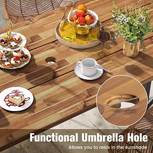 67 Inch Acacia Wood Outdoor Dining Table with Umbrella Hole K5477