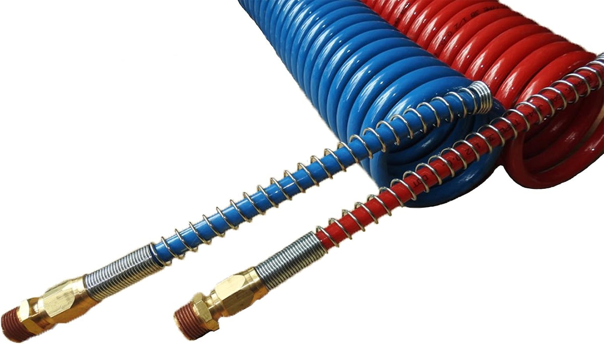 COILED AIR SET LINE ASSEMBLY RED & BLUE TRUCK TRAILER BRAKE COIL SET, 15' LENGTH; 2 X 12" LEADS Pack of 2 M6552
