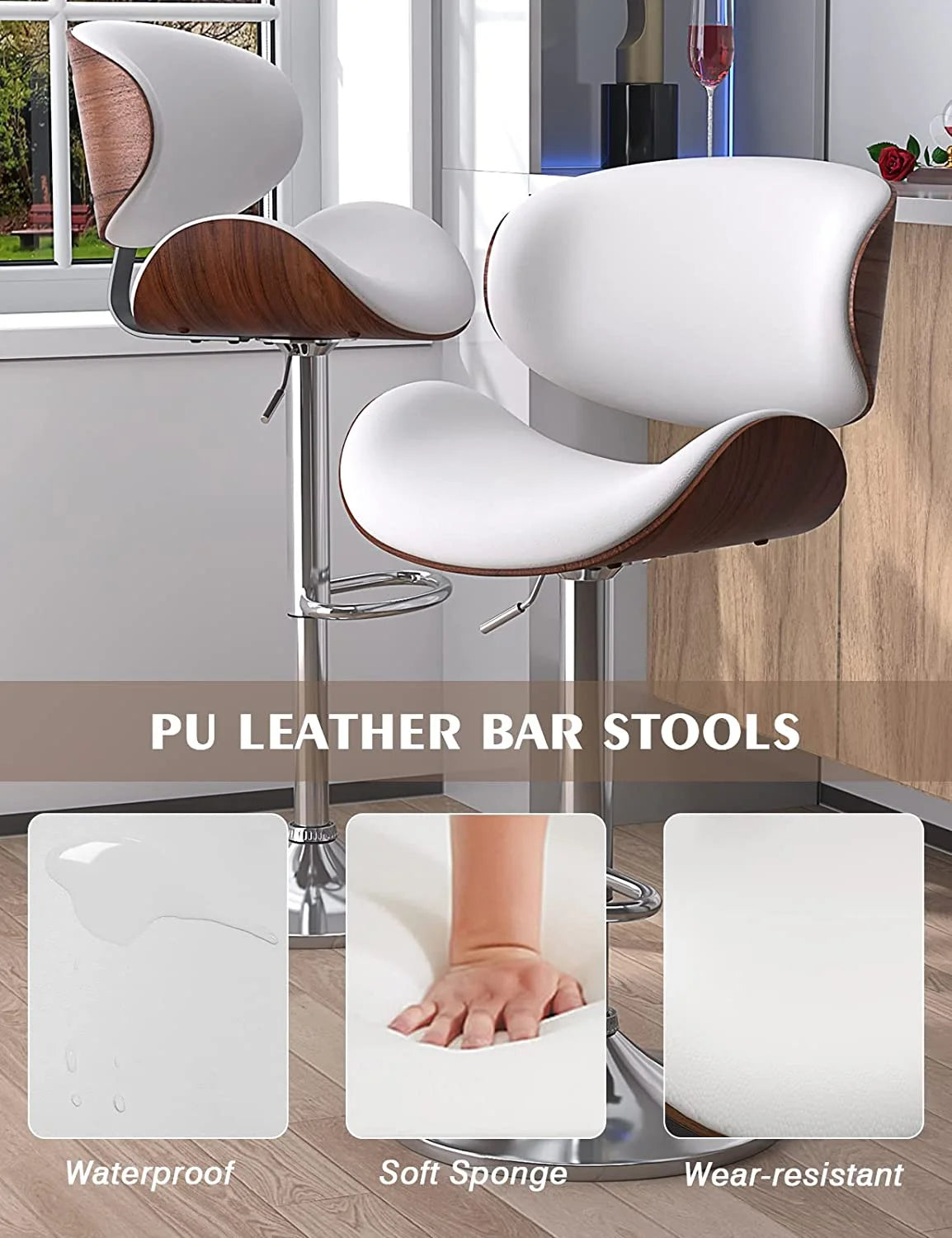 Bentwood Adjustable Height Swivel PU Leather Bar Stools Set of 2 B671520