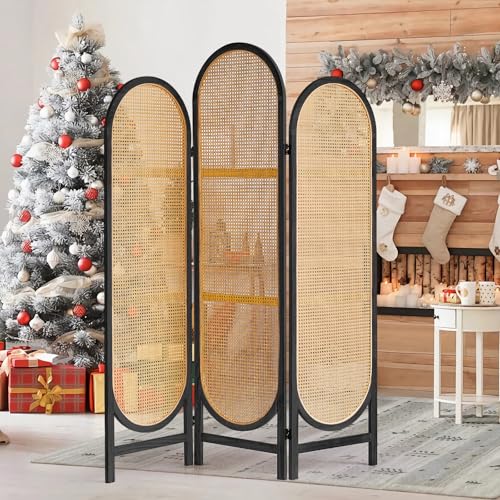 5.9 Ft Tall Hand-Woven Rattan 3 Panels Folding Room Divider J67077
