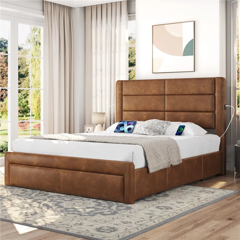 Upholstered Queen Bed with 3 Storage Drawers and USB Ports B904017